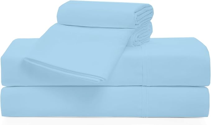 Cotton Blend 4-Piece Bed Sheets Set Queen Size, Light Blue Queen Sheets, Long-Staple Cotton Bed Sheets for Bed, Soft & Silky Sateen Weave 15-Inch Elasticized Deep Pocket (Queen,Light Blue)