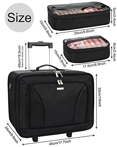 17.7" Rolling Makeup Train Case, Extra Large Cosmetic Organiser Trolley Professional Makeup Artist Bag Portable Travel Makeup Box, Beauty Case on Wheels with Adjustable Dividers (Black, 45cm)