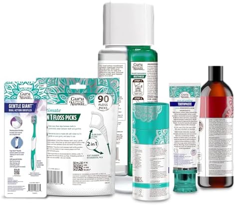 GuruNanda Gum Hygiene Makeover Kit with Ashwagandha & Cocomint (Travel Size) Oil Pulling, Neem Toothpaste, Breath Harmonizer Mouthwash, 2-in-1 Floss Picks & Whitening Toothbrushes