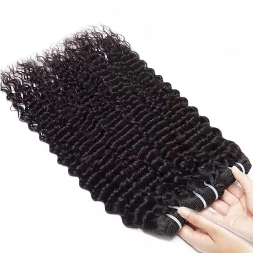 12A Deep Wave Human Hair Bundles 16 18 20 Inch Curly Bundles Human Hair 100% Unprocessed 3 Bundle Brazilian Virgin Human Hair Extensions Quick Weave Natural Black Color