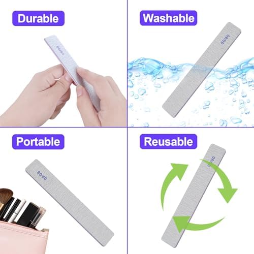 80/80 Grit Nail Files (50 Pack), Heavy Coarse Emery Boards for Acrylic Nails and Gel Nails, 80 Grits Double Sided Nail File Emory Professional Nail Filer Reusable Washable Manicure Square Gray