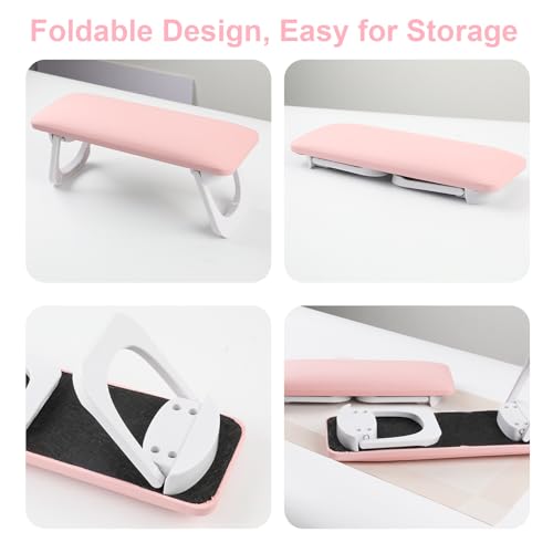 ANGNYA Nail Arm Rest for Nails Tech, Foldable Hand Stand for Nail Tech with PVC Table Mat Microfiber Leather Nail Arm Rest with Bracket Manicure Arm Rest for Nail Salon Technician (Pink)