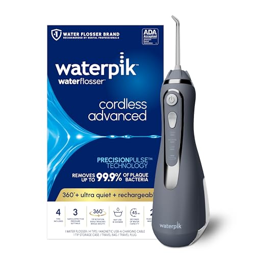 Waterpik Cordless Advanced 2.0 Water Flosser For Teeth, Gums, Braces, Dental Care With Travel Bag and 4 Tips, ADA Accepted, Rechargeable, Portable, and Waterproof, Gray WP-587, Packaging May Vary
