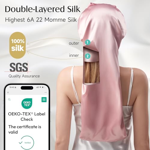 YFONG 22 Momme 100% Mulberry Silk Bonnet for Sleeping Women Long Hair, Double-Layered Silk Hair Bonnet with Elastic Tie Band, Extra Long Sleep Cap for Braids Curly Hair Care, 1Pc, Pink