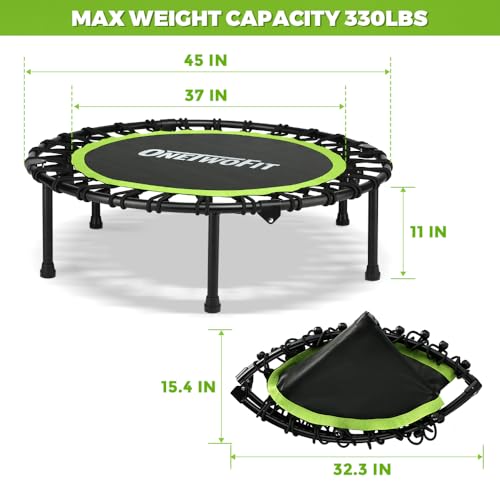ONETWOFIT Foldable Rebounder Trampoline for Adults，45” Mini Fitness Trampoline, Stable & Quiet Exercise Trampoline with Durable Bungees Personal Indoor Garden Workout, Max Load 330lbs