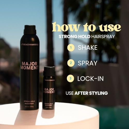 Beachwaver Major Moment Strong Hold Hairspray - Full Size (8.3 Oz) | Extra-Strength Vegan Hairspray For Long-Lasting Styles w/Brushable Finish - Removes Frizz & Locks In Style | Bali Beach Night