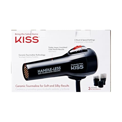 KISS Handle-Less 1875W Ceramic Tourmaline Hair Dryer, Effortless Styling Precision Blow Dryer, Cool Touch Nozzle, Triple-Layer Heat Insulation, Heat Resistant Cap, 3 Styling Attachments, Up to 450°F