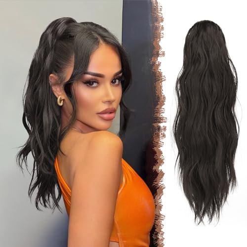 FESHFEN Ponytail Extensions, Long Claw Clip in Ponytail Hairpiece Synthetic Pony Tails Hair Piece Natural Wavy Hairpieces for Women, 20 inch Black Brown