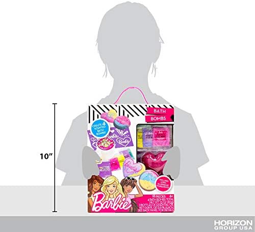 Barbie Make Your Own Bath Bomb Kit by Horizon Group USA, DIY Four Custom Colorful & Sweet-Smelling Bath Bombs, Includes Stencil, Glitter, Molds, Fragrances & More, Pink, Yellow, Teal & Purple