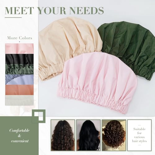 Reusable Shower Cap for Women, Large Waterproof Shower Essentials Bonnet Washable Elastic Band Bath Hair Wrap Hat for Long Hair, Braids(Green&Purple)