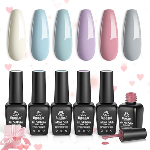 beetles Gel Polish Nail Set 6 Colors Ultimate Morandi Nude Pink White Blue Pastel Gel Nail Polish 6 Colors Daydream Verses Collection Soak Off Uv Diy Manicure Kit New Nail Trend for Women Girls