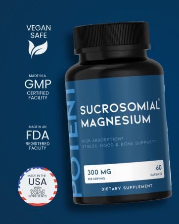 Sucrosomial Magnesium, Patented Enhanced Absorption, Support Stress Relief, Sleep, Nerves, Muscles, and Metabolism* 300mg, 60 Capsules (Vegan Safe), Magnesium Supplement, USA Made by Potent Nutri