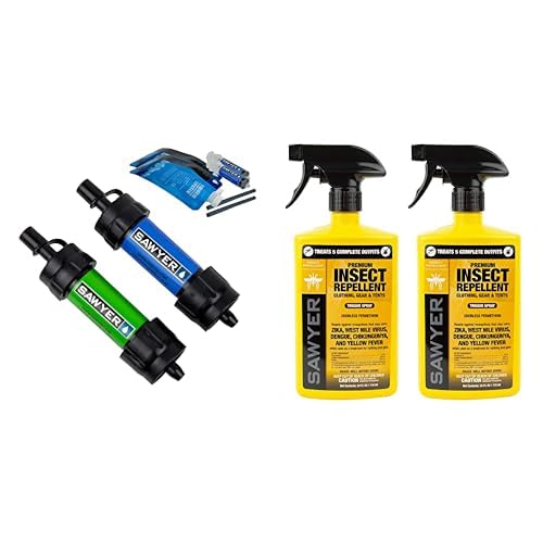 Sawyer Products SP2101 Mini Water Filtration System, 2-Pack, Blue and Green + Sawyer Products SP6572 Twin Pack Premium Permethrin Clothing Insect Repellent Trigger Spray, 24 oz,Yellow