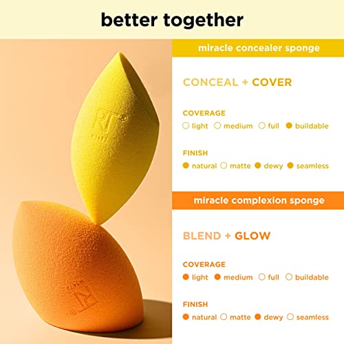 Real Techniques Miracle Complexion Sponge + Concealer Sponge Duo, Makeup Blending Sponges For Foundation & Concealer, Offers Light To Medium Coverage, Natural, Dewy Makeup, Latex-Free Foam 2 Count