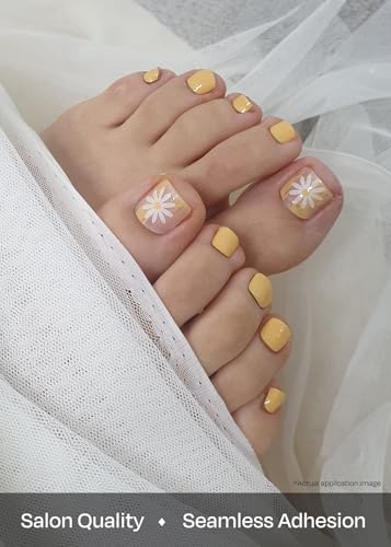 ohora Semi Cured Gel Nail Strips (P Sun Daisy) - Yellow, Patterned, Works with UV/LED Lamps, Salon-Quality, Long Lasting, Easy to Apply & Remove - Includes 2 Prep Pads, Nail File & Wooden Stick