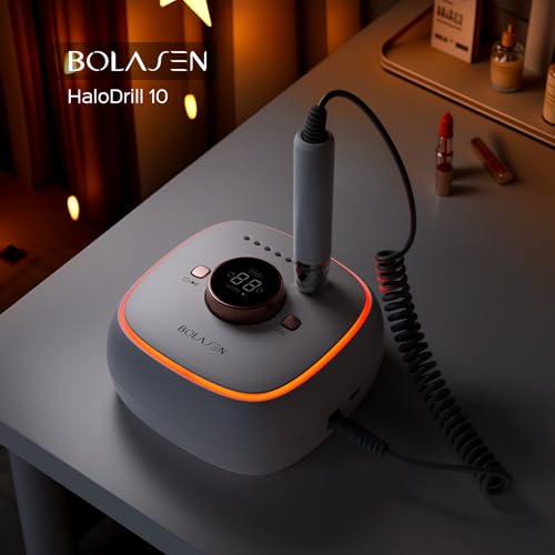 Professional Cordless Nail Drill 40000RPM Brushless - 7800mAh Rechargeable Electric Nail File for Acrylic Gel Nails, Fast Removal, Auto Start-Stop, Salon Use - BOLASEN HaloDrill 10