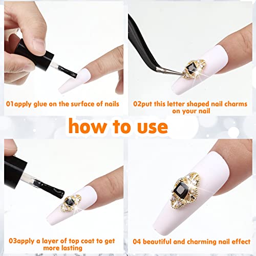 24 Pieces 3D Nail Charms Gold Luxury Black Rhinestones Nail Charms for Acrylic Nails Black Zircon Jewels Crystals Rhinestones with Storage Box for DIY Craft Art