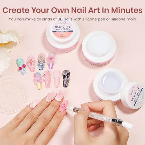 MIZHSE Solid Builder Gel for Nails: 4-in-1 3 Colors Hard Gel for Nails 3D Nail Art for Sculpting with Dual Forms Silicone Pen Soak Off U V LED Manicure Salon DIY Gift