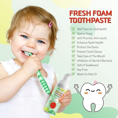Foam Toothpaste Kids, Kids Foam Toothpaste, Toddler Toothpaste with Low Fluoride for U Shaped Toothbrush, Children Oral Cleaning for Ages 3 Plus (3PCS, Watermelon+Strawberry+Blueberry)