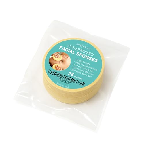 Appearus Natural Cellulose Facial Sponges – 25 Pack (Compressed) – Professional Spa Facial Sponge Pads for Cleansing, Exfoliating, Makeup Removal – Natural Yellow – Gentle on Sensitive Skin