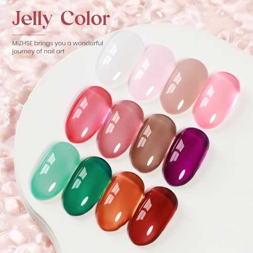 MIZHSE Jelly Gel Nail Polish Set 12 Color, Clear Translucent Spring Gel Polish 7ml, Sheer Manicure Kit UV LED Soak Off Varnish for Home Salon Gift