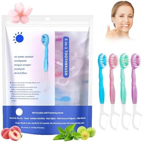 5 in 1 Toothbrush & Floss, 26Pcs mini toothbrushes with Toothpaste, All in one Oral Care on The go, 5 in 1 mini Brush, Toothpaste and Floss, Disposable Travel Toothbrush Set (1)