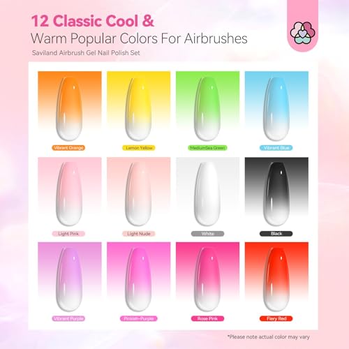 SAVILAND Airbrush Gel Nail Polish: Dilution-Free 12 Vitality Colors Airbrush for Nails Set Non-Acetone with Fine Mist Nail for Color Spray French & Ombre Nail Polish Nail Art Design Salon Kit