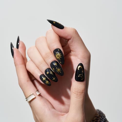 GLAMERMAID Press on Nails Medium Almond, Handmade Gothic Star in Black Gel Glue on Nail, Glossy Short Stiletto Reusable UV Finish Fake Nails Acrylic False Nails Manicure Kits for Women