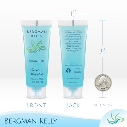 Bergman Kelly - Hotel Toiletries Bundle - Tropical Waterfall, 1 oz each, 100 Pcs - 4-Piece Set: 25 Rectangular Bar Soap, 25 Shampoo, 25 Conditioner & 25 Body Lotion - Bulk Mini Guest Amenities Supply