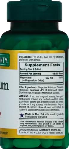 Nature's Bounty Magnesium, Mineral Supplement, Supports Bone and Muscle Health, 500 mg, Coated Tablets, 100 Count (Pack of 2)