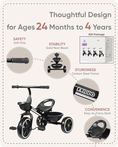KRIDDO Kids Tricycle for 2-5 Year Olds - Gift for Toddlers - Black