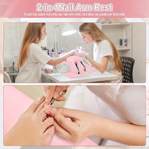 Big Arm Rest for Nails Cushion, Microfiber Leather Nail Arm Rest, Soft Hand Rest for Nails Toenails, Removable Nail Hand Rest with Installation Tools and Manicure Tools (Pink)