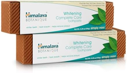 Himalaya Botanique Whitening Complete Care Toothpaste, Teeth Whitening, Fights Plaque, Fluoride Free, No Artificial Flavors, SLS Free, Cruelty Free, Foaming, Simply Mint Flavor, 5.29 Oz, 2 Pack