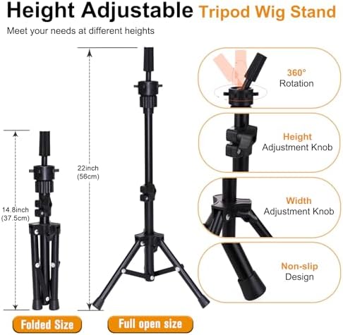 PWEOUKE 22 Inch Canvas Wig Head with Stand for Wigs ,Height Adjustable Wig Stand Tripod with Canvas Block Wig Head,Manikin Head Block Set for Cosmetology with Wig Stand and Storage Bag 22 Inch