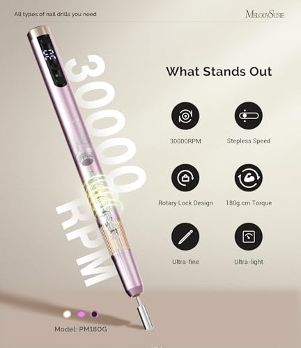 MelodySusie Portable Electric Nail Drill, PM180G Cordless Electric File 30,000 RPM, Rechargeable Nail Efile Tool for Women, Professional Manicure Pedicure Nail Kit Set with Bits Sanding Bands, Pink