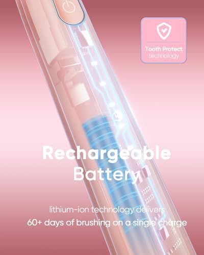 MySmile DY156 Electric Toothbrush for Adults, Rechargeable Sonic Battery Toothbrush Portable with 3 Brush Heads, 2 Mins 5 Modes Smart Timer, 45000VPM, One Charge for 60 Days - Pink