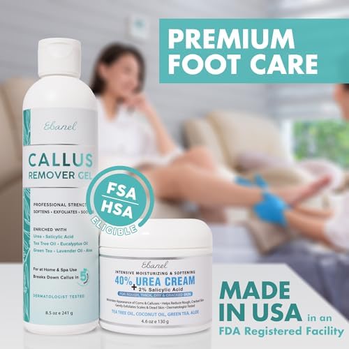 Ebanel Set of Professional Callus Remover for Feet, and Urea Cream 40% Plus Salicylic Acid 2%, Heel Foot Callus Remover Gel Exfoliator Dead Skin Cuticle Removal Toenail Softener Keratolytic Pedicure