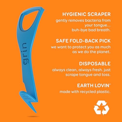 GRIN Tongue Cleaner, 48 Count, Disposable Tongue Cleaner, Hygienic Scraper, Recycled Plastic, Clean Tongue, Promote Fresh Breath, Includes Safe Fold- Back Tooth Pick (Pack of 2)