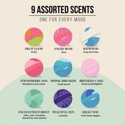 Bath Bomb Set, Handmade, Non-Staining, Sulfate-Free, Natural Luxury Bath Fizzies, Aromatherapy Spa Gift Set, Assorted Scents, 9-Pack