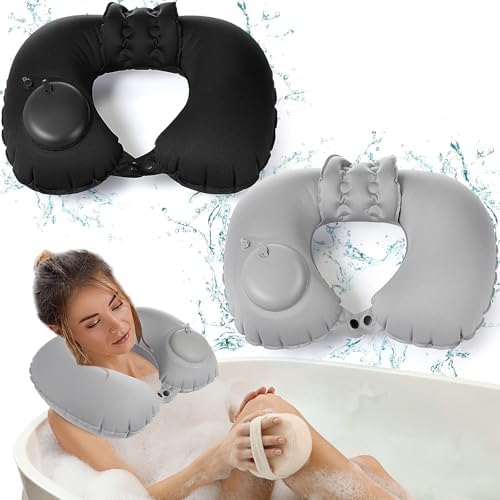 2 Pcs Inflatable Bath Pillows for Tub Bath Head and Neck U Shaped Blow up Full Body Travel Pillow with Adjustable Button Grey and Black Bath Tub Pillows for Airplanes Shower Spa