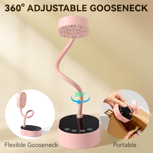 AORAEM UV Nail Lamp, Gooseneck Mini U V Light for Gel Nails, 36W Rechargeable LED Flash Cure Lamps with 4 Timers & Auto Sensor, Quick Dry Professional Nail Dryer for Salon Home DIY Use, Pink