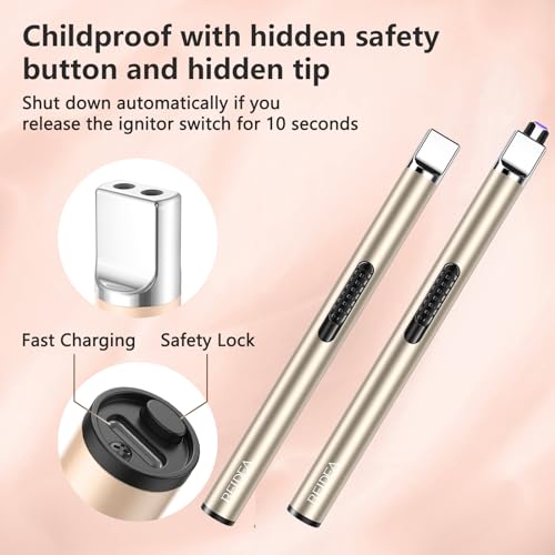 REIDEA Lighter 2 Pack Electronic Candle Lighter Arc Windproof Flameless USB Rechargeable Lighter with Safe Button for Home Kitchen (Champagne and Rose Gold)