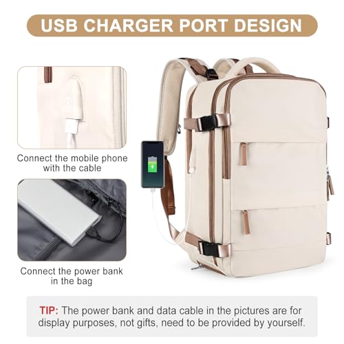 coofay Large Travel Backpack Carry on Flight Approved Mochila De Viaje Personal Item Travel Bag Backpacks for Men Women Carry on Backpack for Airplanes 18x14x8 Inches Travel Bag Beige with Brown
