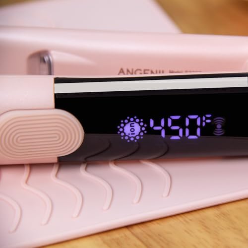 ANGENIL Flat Iron Hair Straightener and Curler 2 in 1, Titanium Dual Voltage Pink Hair Straightener, Anti-Scald Silicone Ionic Flat Iron with Heat Resistant Silicone Mat and Facial Cleansing Brushes