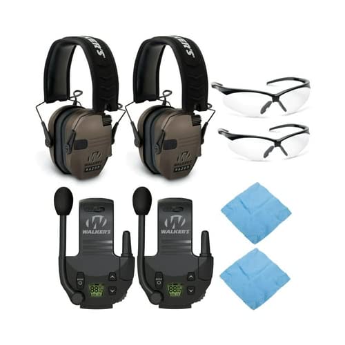 Walker's Razor Slim Electronic Muff (Flat Dark Earth, 2-Pack) Bundle with Tactical/Hunting Walkie Talkie (2-Pack), Sport Shooting Glasses (2-Pack) and Microfiber Cleaning Cloth (2-Pack) (8 Items)