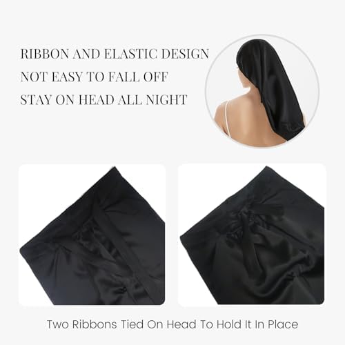 19 Momme 100% Mulberry Silk Cap for Sleeping Women,Adjustable Long Silk Bonnet for Curly Hair Elastic Night Cap