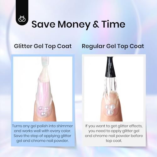 Beetles Pearl Glitter Top Coat Set, 5 Colors Iridescent Pastel Shimmer Mermaid Glossy Top Coat Gel Polish Shiny Long-Lasting No Wipe Soak Off UV LED Nail Art Gifts for Women