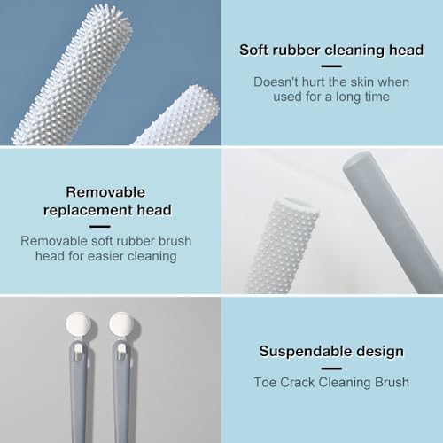 Toe Gap Cleaning Brush, 2025 New Silicone Long Handle Silicone Toe Gap Brush, 15.7" Foot Brushes for Shower, Foot Wash with Soft Exfoliating Brushes (Pink+Grey)