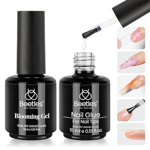 Beetles Blooming Gel and Nail Glue Set - 2Pcs 15ml Nail Art Gel for Blooming Marble Effects and Strong Nail Tips Bonding, Nail Supplies for DIY Manicure at Home or Salon
