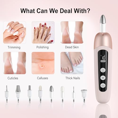 Electric Nail Drill Cordless Nail File Professional Manicure Pedicure Kit, 9 in 1 Hand Foot Rechargeable Care Tool, 10 Speeds Electric Nail File Grinder for Thick Toenail Trim Polish Pink